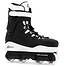 The Anarchy Revolution II Aggressive Inline Skates in black are perfect for tricks and grinds, featuring a high cuff for ankle support, white laces, black straps, "REVOLUTION" frame, and white wheels. Ideal for beginner to intermediate skaters.