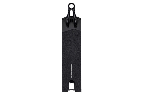 The Ethic DTC Pandemonium V2 Boxed Black Stunt Scooter Deck (5.5" x 21.3") is ultra-lightweight with grip tape and a rear cutout, featuring an integrated braking system and robust structure for durability and stability while riding.