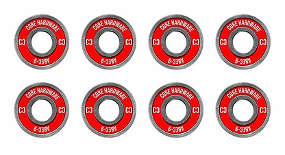 A set of eight premium skateboard bearings in bold red and black, neatly organized in two rows. Each bearing prominently features the "CORE" brand name along with "ABEC 9," guaranteeing exceptional performance for your skateboard.