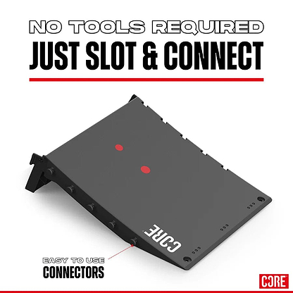 The CORE Foldable Mini Kicker Ramp, a sleek black design, stands out with the "CORE" branding at its center. This portable ramp is remarkably easy to assemble—requiring no tools, just a simple slot-and-connect method. Bright red markers clearly indicate where to fit the connectors for an intuitive setup.