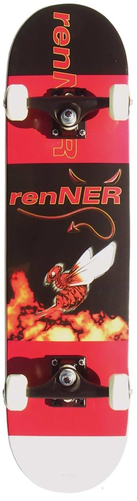 The Renner A18 Sting III Complete Skateboard (7.75" x 31") for beginners features white wheels, a 9-ply Chinese maple deck, and deck art with "Renner" and a winged red devil surrounded by flames.