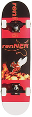 The Renner A18 Sting III Complete Skateboard (7.75" x 31") for beginners features white wheels, a 9-ply Chinese maple deck, and deck art with "Renner" and a winged red devil surrounded by flames.
