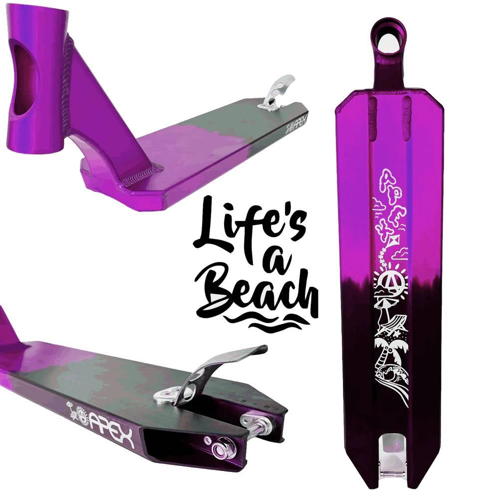 Collage of the Apex Pro Life's a Beach Special Edition Purple/Black Scooter Deck (5" x 19.3") by Apex, shown from multiple angles with bold white graphics and "Life's a Beach" script centered on the underside.