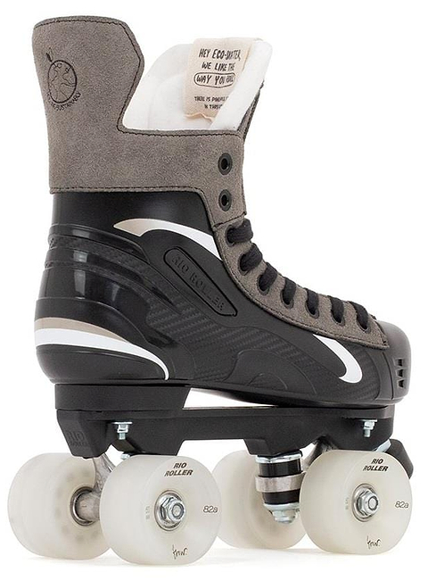 The Rio Roller Flow Hockey Quad Roller Skates - Black feature a high-top ice hockey style with white Flow wheels, a tag on the tongue, and a logo near the top.