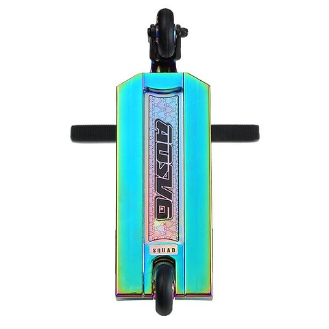 Top-down view of the Blunt Envy AOS V6 Finger Scooter in Oil Slick Neochrome, featuring a colorful metallic deck with "SQUAD" and "BLAZER" graphics, black wheels, and handlebars resembling an AOS V6 replica design.