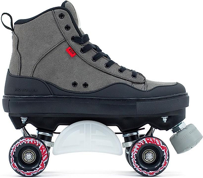 The Rio Roller Ramp Quad Roller Skates - Grey feature a sleek high-top design with black laces, black sole, and four white and red wheels. The Rio Roller logo appears on the side, adding stylish flair for ramp skating.