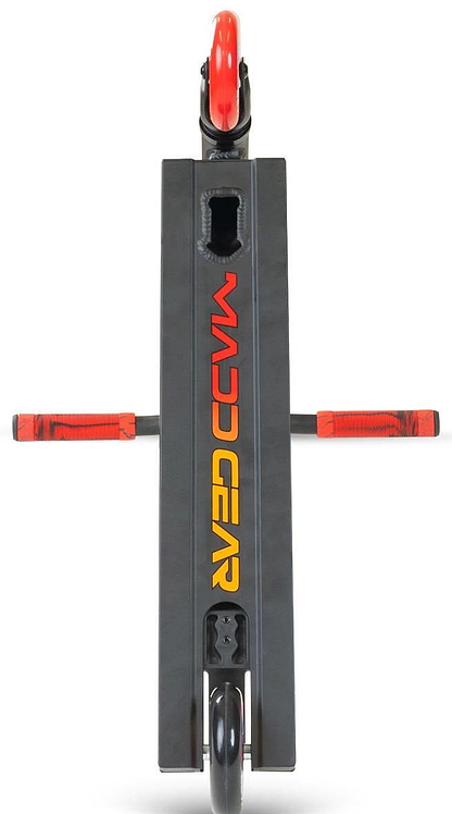 Top-down view of the Madd Gear MG 2 Obsidian Complete Stunt Scooter - Frenzy by MGP, featuring "MADD GEAR" in yellow and red on the deck, red grips, and visible wheels—an ideal stunt scooter for kids.