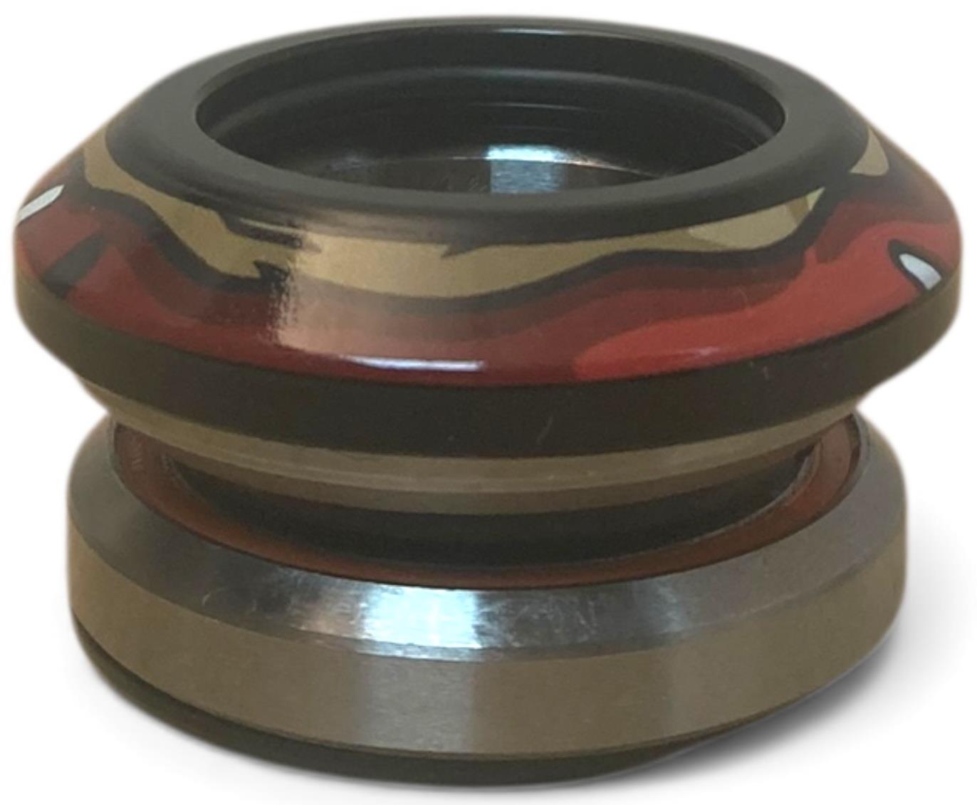 A close-up of the Chubby Doughnut Integrated Stunt Scooter Headset in black/red by Chubby, showing its unique camo upper section, metallic lower parts, and sealed bearings—all isolated on a white background.