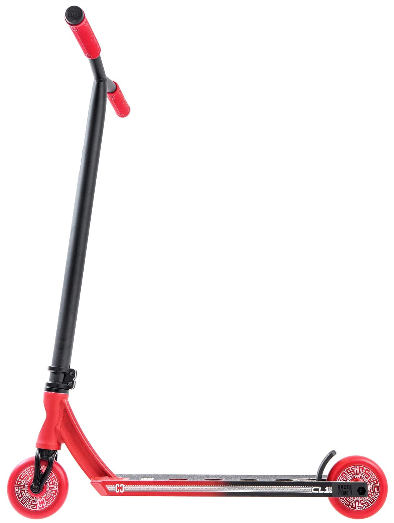 The CORE CL1 Complete Stunt Scooter by CORE features a black and red design with red handle grips and wheels, a black handlebar, and black grip tape, shown on a white background.