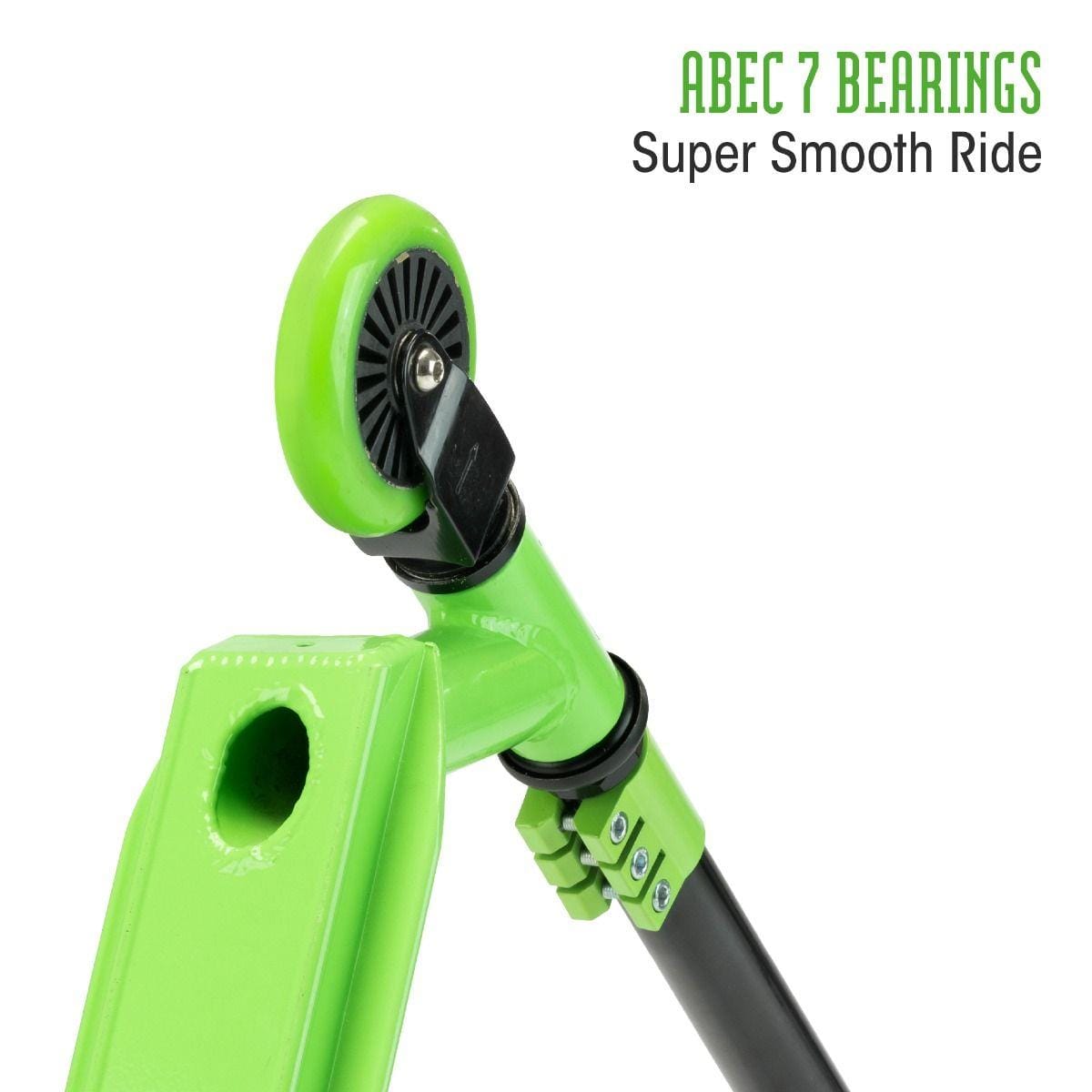Close-up of the Xootz Envy Y-Bar Complete Stunt Scooter's green wheel and handlebars, showcasing ABEC-7 bearings for an ultra-smooth ride. The text "ABEC 7 BEARINGS Super Smooth Ride" is visible in the top right corner.