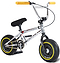 The Wildcat OG 3A Mini BMX Bike - Galaxy Yellow by Wildcat features a chrome frame, thick black tires with yellow rims, orange grips, and a black padded seat—ideal for skatepark BMX tricks and shown angled on a white background.