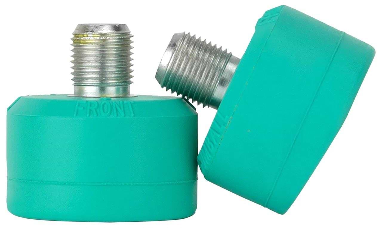 Two metal screw-top green stoppers, embossed with "FRONT," demonstrate exceptional stopping power. One stands, the other leans to reveal threads. Made from a unique rubber blend similar to Gumball Roller Skate Short 17mm 83A Toe Stops - Mint Blue by Gumball.