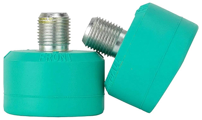 Two metal screw-top green stoppers, embossed with "FRONT," demonstrate exceptional stopping power. One stands, the other leans to reveal threads. Made from a unique rubber blend similar to Gumball Roller Skate Short 17mm 83A Toe Stops - Mint Blue by Gumball.