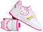 The Heelys x Hello Kitty Kama Girls Shoes in white and pink feature playful Sanrio Hello Kitty designs, rainbow side stripes, and "Hello Kitty" text on the heel; one shoe stands upright while the other shows the wheel.