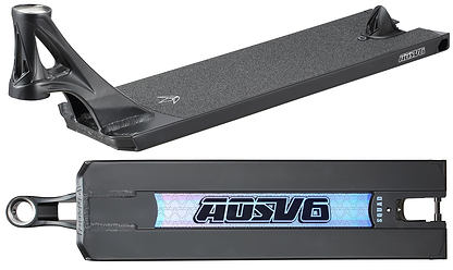 Two views of the Blunt Envy AOS V6 Squad Black Stunt Scooter Deck (6" x 22"): top view shows the textured deck surface, while the bottom view reveals a holographic AOSV6 logo with geometric designs.