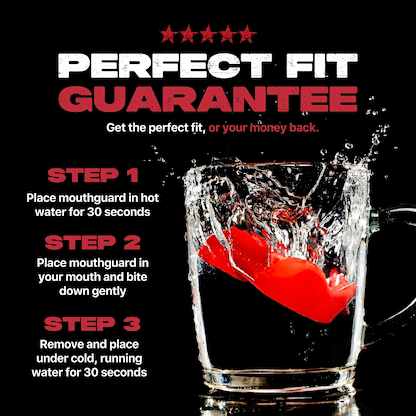 A Safejawz Intro Series Protection Mouthguard - Red is dropped into a clear glass of water with a splash. "PERFECT FIT GUARANTEE" appears above, while three steps below show how to achieve comfort using hot and cold water.
