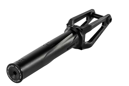 The Ethic DTC Merrow V3 SCS Stunt Scooter Fork in black features a modern 7075 aluminium build with cut-out sections and a cylindrical axle area, offering lightweight strength and stylish Ethic branding.