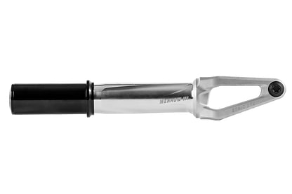 The Ethic DTC Merrow V3 IHC Stunt Scooter Fork in Raw Silver is a lightweight 7075 aluminium fork from Ethic, featuring a polished silver finish, black cylindrical attachment, and an open slot with a bolt.
