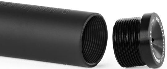 The Ethic Flush Aluminium Stunt Scooter Bar Ends in black, featuring a cylindrical metal tube with internal threading and a matching threaded cap, are essential scooter components from Ethic displayed on a white background.