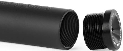 The Ethic Flush Aluminium Stunt Scooter Bar Ends in black, featuring a cylindrical metal tube with internal threading and a matching threaded cap, are essential scooter components from Ethic displayed on a white background.