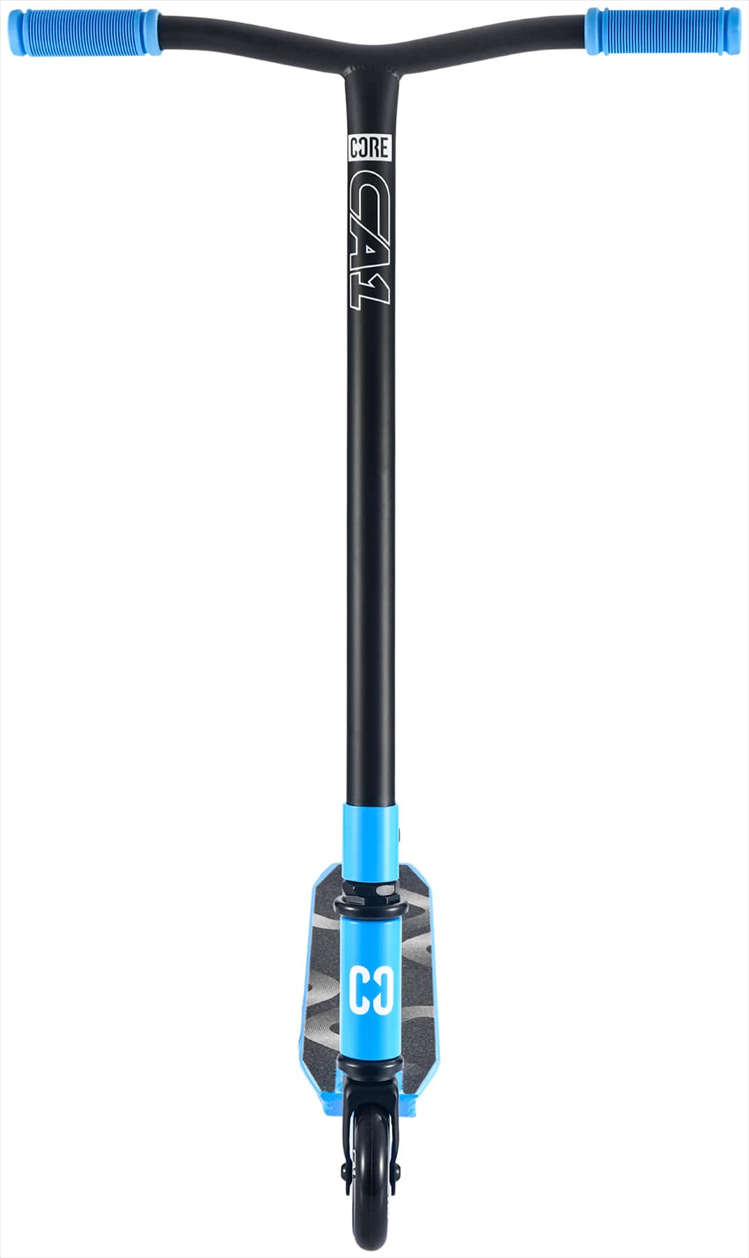 The CORE CA1 Beginner Complete Stunt Scooter - Blue by CORE is a black kids' scooter with blue handlebars, a blue deck featuring "C3" in white, and a single front wheel—perfect for beginners.
