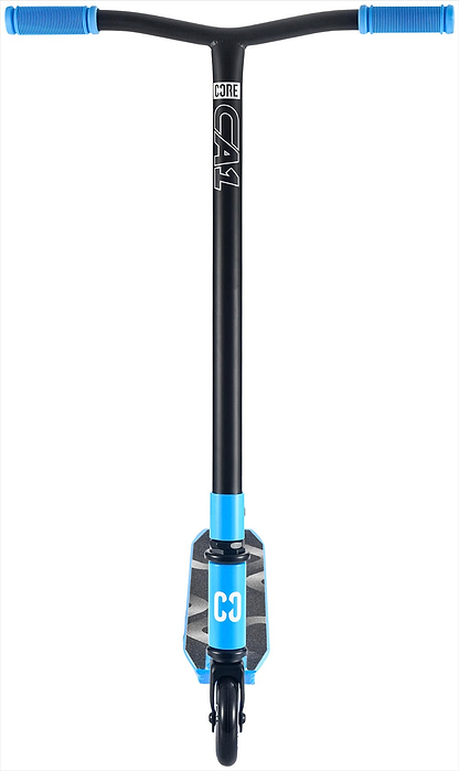 The CORE CA1 Beginner Complete Stunt Scooter - Blue by CORE is a black kids' scooter with blue handlebars, a blue deck featuring "C3" in white, and a single front wheel—perfect for beginners.