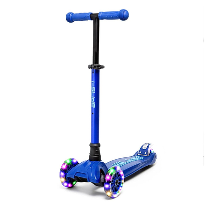 The I-Glide i-Glide 3-Wheel LED Kids Scooter - Blue/Blue boasts a vibrant blue design with an adjustable height handlebar. Its front wheels light up with colorful LEDs, enhancing the sleek deck set against a plain white background.
