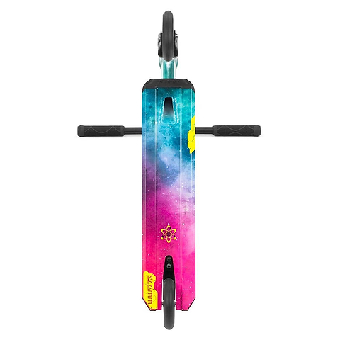 Top view of the Slamm Mischief Complete Stunt Scooter - Nebula, featuring a cosmic-themed deck in shades of pink, purple, blue, and yellow. It has black handlebars extending horizontally and is equipped with 110mm wheels. A small nebula wrap decal adorns the board.