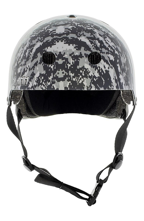 The Slamm Logo Skate / Scooter Helmet in Grey Camo showcases a black and grey pixelated camouflage design, complete with adjustable chin straps for sports or safety applications. Ideal for scooter enthusiasts, it complies with EN1078 safety standards, delivering both premium protection and style.