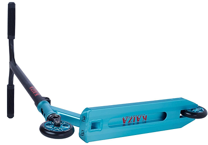A teal and black Longway Kaiza Complete Pro Stunt Scooter lies on its side, showing the deck, wheels, and handlebars. "KAIZA" is printed in bold red on the deck—a standout Longway scooter built for tricks at the skatepark.