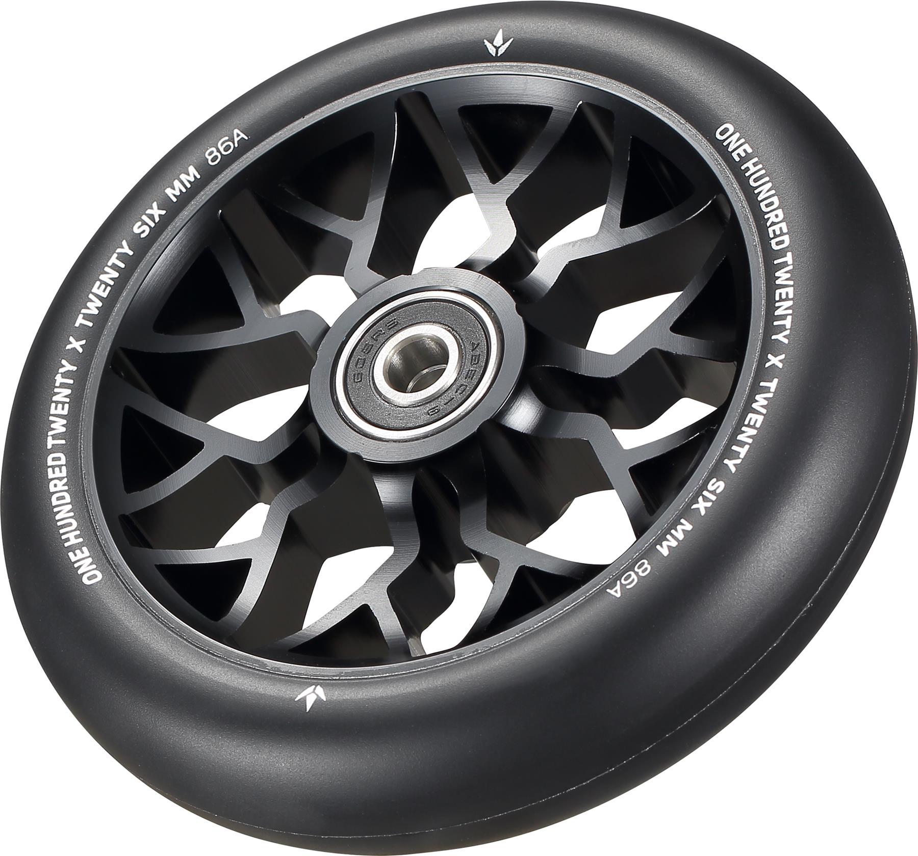 Close-up of the Blunt Envy Sector 120mm Stunt Scooter Wheel in black, featuring a metal core with geometric spokes, visible ball bearing, and white rim text showing size and hardness. Perfect for riders looking to upgrade their Blunt Envy scooter.