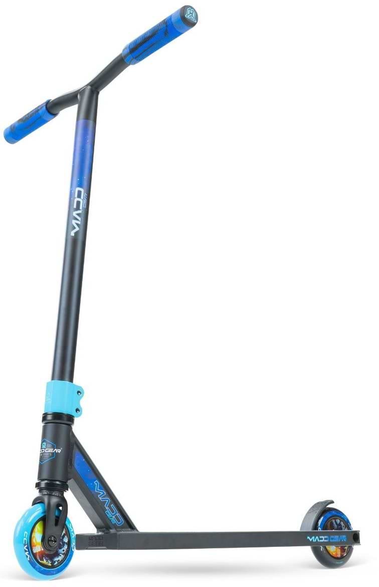 The Madd Gear (MGP) MG 2 Obsidian Complete Stunt Scooter - Horizon features blue and black colors, blue hand grips, small wheels, and a sturdy frame—ideal for tricks and freestyle riding as a stunt scooter for kids.