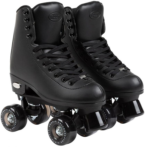 A pair of Rookie Classic 78 Quad Roller Skates - Black by Rookie, featuring lace-up boots and four wheels each, displayed side by side on a white background.