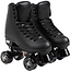 A pair of Rookie Classic 78 Quad Roller Skates - Black by Rookie, featuring lace-up boots and four wheels each, displayed side by side on a white background.