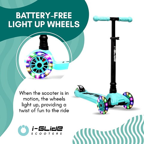 The vibrant aqua i-Glide 3-Wheel LED Kids Scooter from I-Glide boasts black handlebars with adjustable height and is equipped with battery-free LED light-up wheels that illuminate during motion. The text highlights the enjoyment of the glowing wheels, complemented by the I-Glide logo.