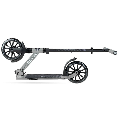 The Madd Gear Metro Cruise 250 Foldable Commuter Scooter in black/grey by MGP is shown compactly folded, featuring large wheels and an adjustable handlebar—ideal for easy commuting, transport, and storage.