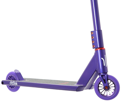 A close-up of the Aztek Architect 2 Complete Stunt Scooter in Viola Purple shows its durable deck, rear wheel, and handlebar details with red bolts and white markings. The Aztek brand on the side makes it perfect for entry-level street riders.