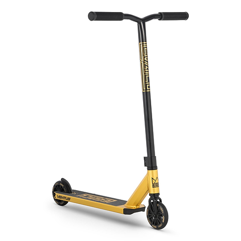 The Legacy Ventus Complete Stunt Scooter in gold and black features wide handlebars, black grips, a patterned stem, black wheels, a geometric deck design, and is perfect for the skatepark.