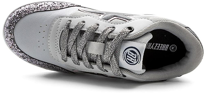 The Breezy Rollers Star Shoes - Silver / Grey feature a glittery heel and laces, black interior with white text, a round logo on the tongue, and Breezy Rollers’ patented wheel system for easy rolling—shown here in a top view.