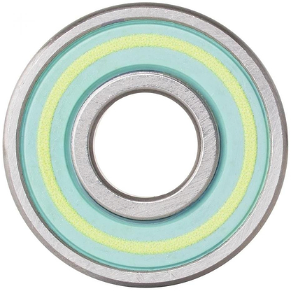 The Bronson Samaria Brevard Pro G3 Bearings feature an outer metal ring with green and yellow inner rings. Crafted by Bronson Speed Co., their hollow center enhances your board's performance while maintaining a sleek design.