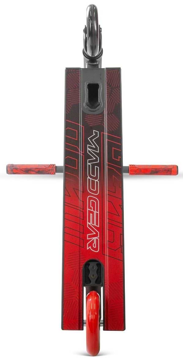 A top-down view of the Madd Gear MG 3 Zen Complete Stunt Scooter - Black / Red by MGP, showcasing bold "MAD GEAR" lettering, red handlebars, and matching red wheels.