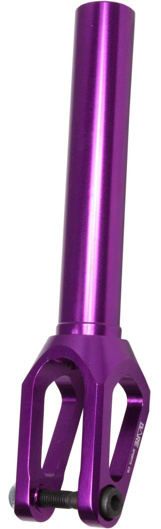 The Dare Dimension IHC Stunt Scooter Forks in metallic purple by Dare feature a CNC-machined aluminium build, cylindrical top tube, and open forked end with bolts for wheel attachment—ideal for IHC stunt scooters.