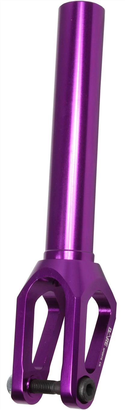 The Dare Dimension IHC Stunt Scooter Forks in metallic purple by Dare feature a CNC-machined aluminium build, cylindrical top tube, and open forked end with bolts for wheel attachment—ideal for IHC stunt scooters.