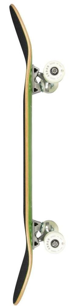 Side view of the Arbor Street Logo Green Complete Skateboard (8" x 31.75") by Arbor, featuring a green underside, black grip tape, white wheels, metal trucks, and layered Canadian maple deck construction.
