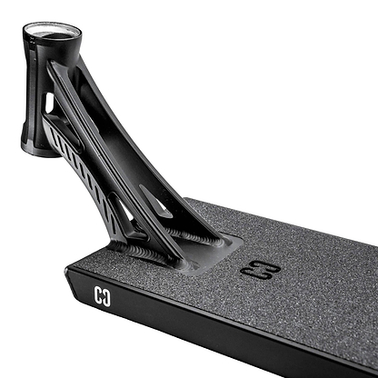 Close-up of the CORE ST3 Forged Black Street Stunt Scooter Deck (6.5" x 22.5") by CORE, featuring textured grip tape, an open-frame headtube, and "C3" printed on the side.