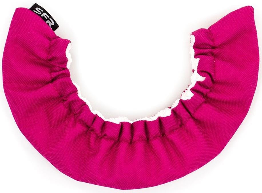 The SFR Ice Skate Blade Soakers in bright pink are semicircular, crafted from microfiber with a gathered elastic edge, providing moisture protection for blades. They feature a stylish small black tag with "SFR" in white letters.
