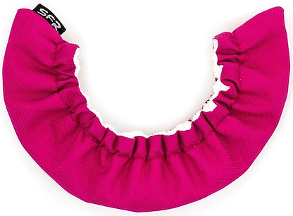 The SFR Ice Skate Blade Soakers in bright pink are semicircular, crafted from microfiber with a gathered elastic edge, providing moisture protection for blades. They feature a stylish small black tag with "SFR" in white letters.
