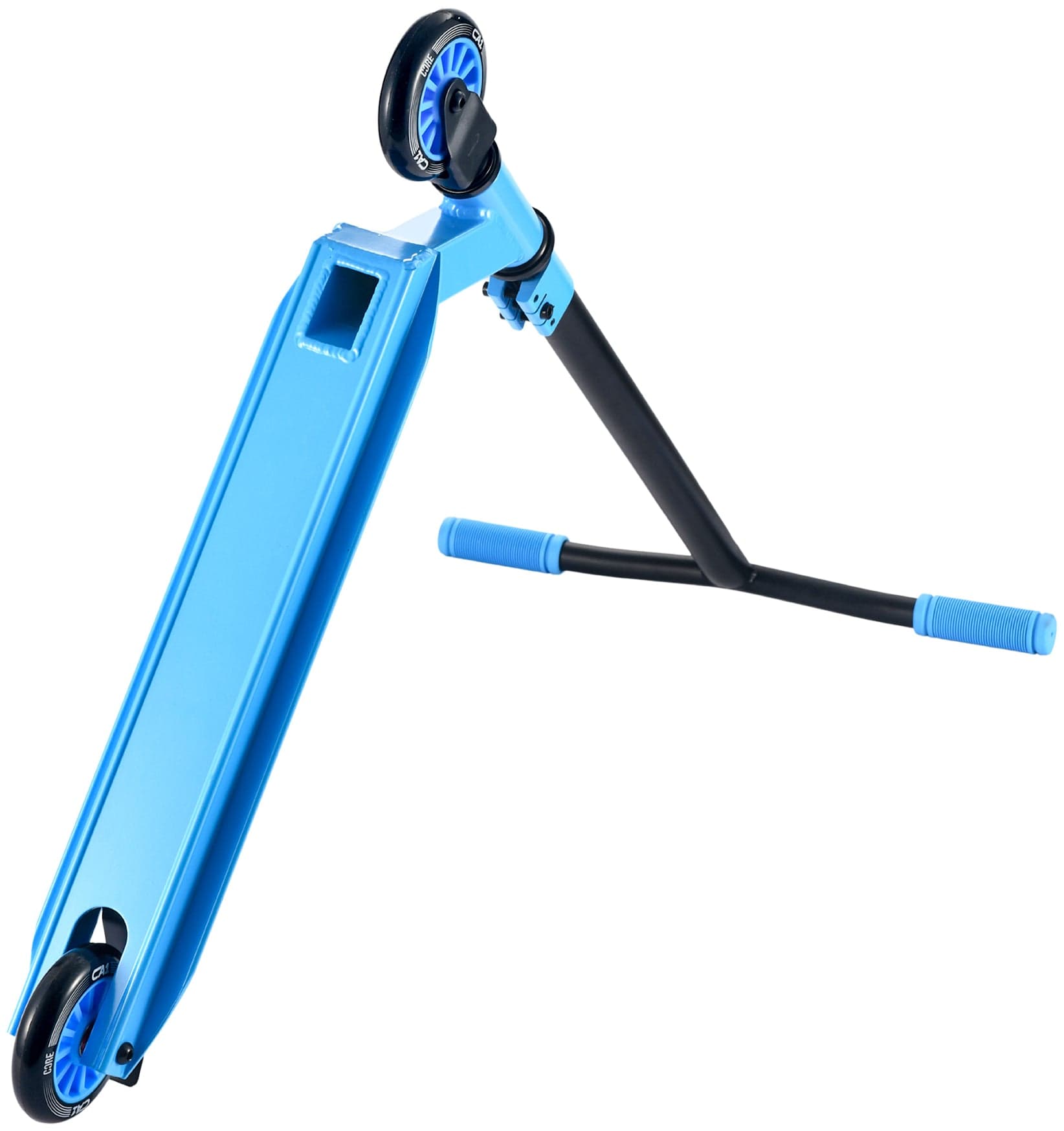 The CORE CA1 Beginner Complete Stunt Scooter - Blue by CORE is shown tilted on its side, featuring blue wheels, blue handle grips, and a blue deck against a white background.