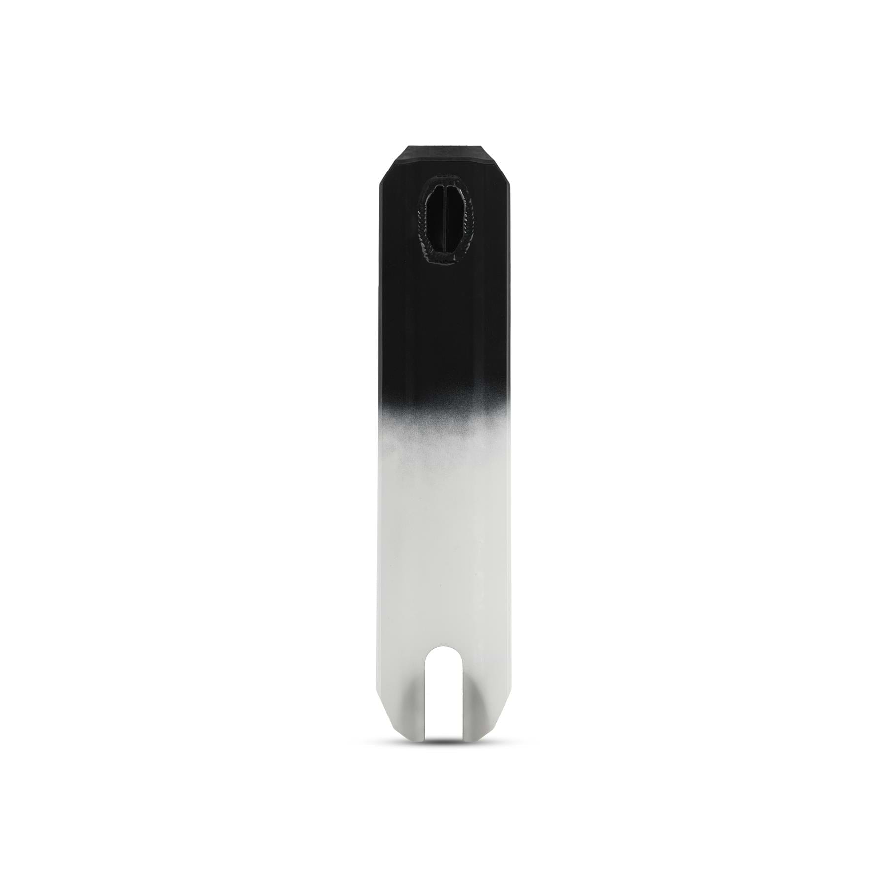 The Legacy Fade Complete Stunt Scooter - Black / Grey by Legacy features a flat, rectangular deck with rounded corners, a black-to-white fade finish, a small rectangular hole near the top, and a U-shaped notch at the bottom, shown isolated on white.