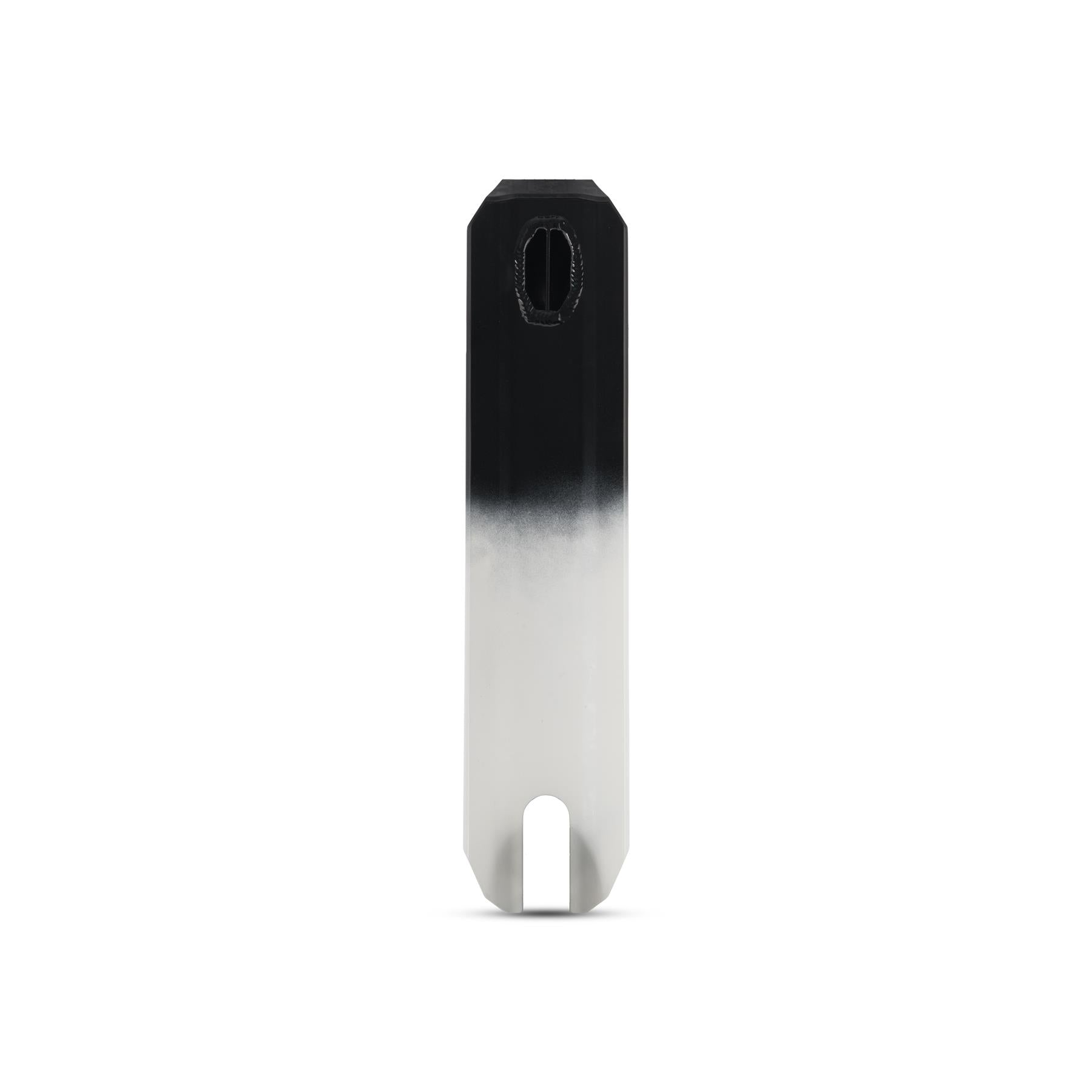 The Legacy Fade Black / Grey Stunt Scooter Starter Bundle by Legacy features a rectangular metal object with a black-to-white gradient, a small hexagonal hole near the top, and a U-shaped notch at the bottom. Shown on a plain white background.